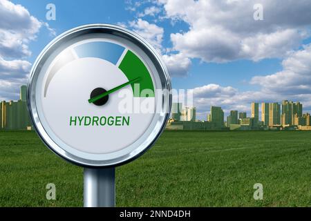 Jauge d'hydrogène avec couleurs d'arbre - gris, bleu et vert. Concept de production d'hydrogène vert Banque D'Images