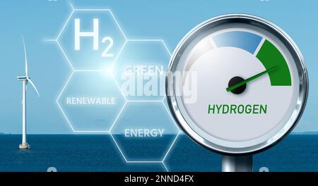Jauge d'hydrogène avec couleurs d'arbre - gris, bleu et vert. Concept de production d'hydrogène vert Banque D'Images