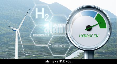 Jauge d'hydrogène avec couleurs d'arbre - gris, bleu et vert. Concept de production d'hydrogène vert Banque D'Images