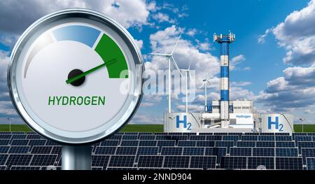 Jauge d'hydrogène avec couleurs d'arbre - gris, bleu et vert. Concept de production d'hydrogène vert Banque D'Images