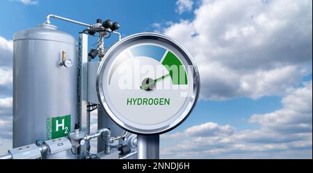 Jauge d'hydrogène avec couleurs d'arbre - gris, bleu et vert. Concept de production d'hydrogène vert Banque D'Images