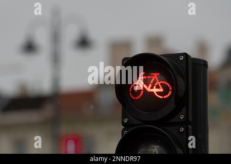 Transport durable. Signal de circulation de vélo, feu rouge, panneau stop, vélo de route, zone ou zone de vélo gratuit, partage de vélo, gros plan Banque D'Images