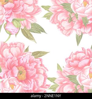 Bouquet de fleurs de pivoine aquarelle dessinées à la main avec feuilles et bourgeons verts sur fond blanc. Scrapbook design, invitation de mariage, étiquette, bannière, po Banque D'Images
