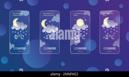 Ensemble de 3D modèles d'application de prévisions météorologiques de glassmorphisme Kit de conception d'interface. Icônes de météo de nuit sur fond bleu foncé dégradé Collection de saison Illustration de Vecteur