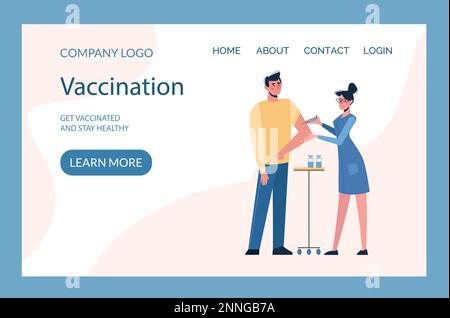 Site Web de vaccination. Vaccination des personnes contre diverses maladies, y compris le coronavirus COVID-19. Une infirmière donne un vaccin d'homme. Prévention, injections. Vecteur de santé. Site médical, pages de renvoi. Illustration de Vecteur