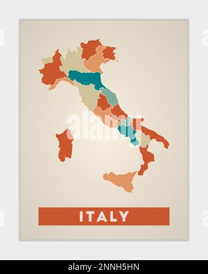 Affiche Italie. Carte du pays avec des régions colorées. Forme de l'Italie avec nom de pays. Illustration du vecteur radiant. Illustration de Vecteur