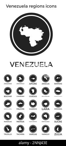 Icônes des régions du Venezuela. Logos ronds noirs avec cartes et titres des pays. Illustration vectorielle. Illustration de Vecteur