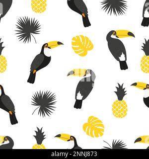 Motif tropical sans couture dans les couleurs noir et jaune. Fond vectoriel avec toucans, ananas et feuilles de palmier. Illustration de Vecteur