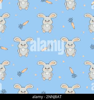 Motif vectoriel sans couture avec petits lapins et carottes en bleu. Imprimé bébé avec lapins. Illustration de Vecteur