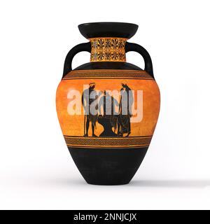 Vase antique à vin grec ancien avec motif méandre et ornement isolé sur fond blanc. Banque D'Images