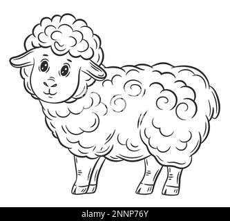 Adorable mouton, petit agneau bélier d'agneau icône de la ligne d'animaux d'élevage. Personnage de dessin animé de bétail agricole de brebis domestique. Vecteur de contour de page de livre de coloriage d'enfant Illustration de Vecteur