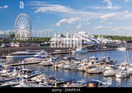 Yachts privés amarrés dans le vieux port de plaisance de Montréal et la Grande roue d'observation de la route, le Cirque du Soleil est un grand sommet en été, Vieux-Montréal, Québec. Banque D'Images