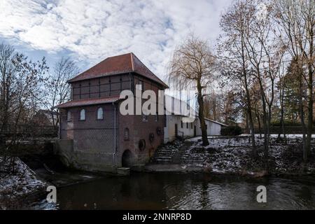 Moulin de Plagemann, moulin à eau de grain restauré avec scierie, Metelen, Muensterland, Rhénanie-du-Nord-Westphalie, Allemagne Banque D'Images