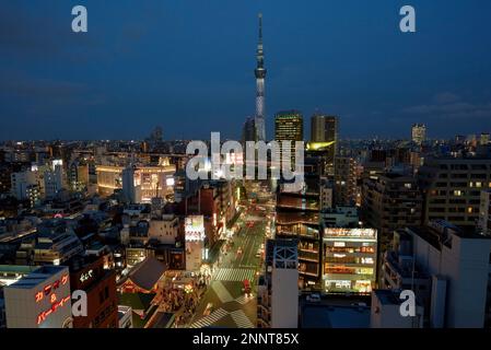 Vue sur la ville avec le Skytree, avec 634 mètres la plus haute tour de télévision de la terre, heure bleue, Tokyo, Japon Banque D'Images