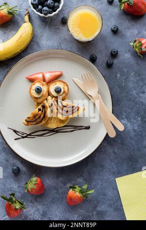 Crêpes au kéto faites maison en forme de chouette, servies avec des fruits. Banque D'Images