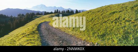 Route de terre sur le flanc de la montagne dans les Alpes françaises, massif du Mont blanc, Col des Aravis, haute-Savoie, France Banque D'Images