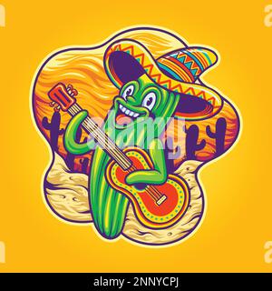 Mignon cactus cinco de mayo logo mexicain guitare dessins animés vecteur pour votre travail, t-shirt de marchandises, autocollants et dessins d'étiquettes, poster Illustration de Vecteur