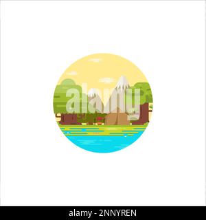 logo rond de l'explorateur sauvage avec camping d'été en forêt près du lac Illustration de Vecteur