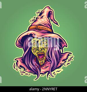 Effrayant sorcière zombie tête logo illustrations dessins animés illustrations vectorielles pour votre travail logo, t-shirt, autocollants et dessins d'étiquettes, affiche, Illustration de Vecteur