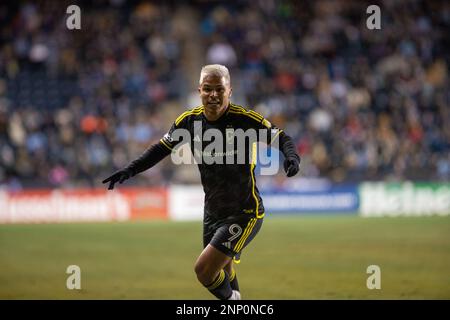 Chester, États-Unis, février 25th 2023 Juan Cucho (9 Crew) célèbre son but lors du match de football de la Ligue majeure entre Philadelphia Union et Columbus Crew au Subaru Park à Chester, PA (Georgia Soares/SPP) Credit: SPP Sport Press photo. /Alamy Live News Banque D'Images