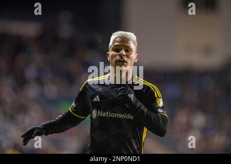 Chester, États-Unis, février 25th 2023 Juan Cucho (9 Crew) célèbre son but lors du match de football de la Ligue majeure entre Philadelphia Union et Columbus Crew au Subaru Park à Chester, PA (Georgia Soares/SPP) Credit: SPP Sport Press photo. /Alamy Live News Banque D'Images