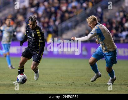 Chester, États-Unis, février 25th 2023 Lucas Zelarayan (10 Crew) va de l'avant pendant le match de football de la Ligue majeure entre Philadelphia Union et Columbus Crew au Subaru Park à Chester, PA (Georgia Soares/SPP) Credit: SPP Sport Press photo. /Alamy Live News Banque D'Images