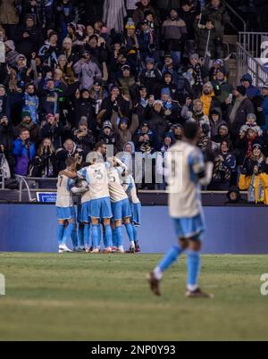 Chester, États-Unis, février 25th 2023 Philadelphia Union célébrant son premier but lors du match de football de la Ligue majeure entre Philadelphia Union et Columbus Crew au Subaru Park à Chester, PA (Georgia Soares/SPP) Credit: SPP Sport Press photo. /Alamy Live News Banque D'Images