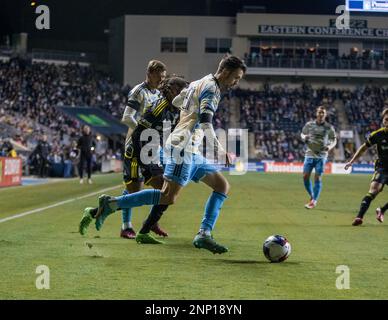 Chester, États-Unis, février 25th 2023 Leon Flach (31 Union) en action pendant le match de football de la Ligue majeure entre Philadelphia Union et Columbus Crew au Subaru Park à Chester, PA (Georgia Soares/SPP) Credit: SPP Sport Press photo. /Alamy Live News Banque D'Images