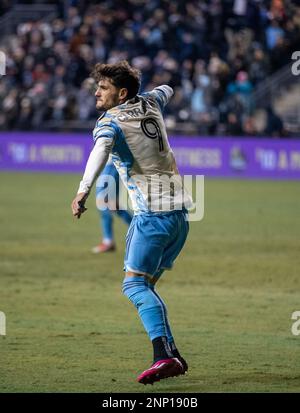 Chester, États-Unis, février 25th 2023 Julian Carranza (Union de 9) célèbre son but lors du match de football de la Ligue majeure entre Philadelphia Union et Columbus Crew au Subaru Park à Chester, PA (Georgia Soares/SPP) Credit: SPP Sport Press photo. /Alamy Live News Banque D'Images