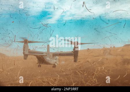 Hijudai, Japon. 17th févr. 2023. Une Force d'autodéfense au sol japonaise V-22 Osprey, avec la brigade des hélicoptères 1st, prend son décollage d'un point d'armement et de ravitaillement en marche avant pendant l'Iron Fist 23 à Hijudai, Japon, février. 17, 2023. ÉTATS-UNIS Les soldats Marines et JGSDF ont utilisé le FARP comme point d'opération pour ravitailler et réarmer des aéronefs à l'extérieur d'une base opérationnelle avant. ÉTATS-UNIS Marines avec le MEU de 31st et des membres du régiment de déploiement rapide amphibie de 1st, Force d'autodéfense terrestre du Japon, participent à l'exercice Iron Fist 23 à la zone d'entraînement de Hijudai Kyushu, au Japon. Iron Fist est un bilat annuel Banque D'Images