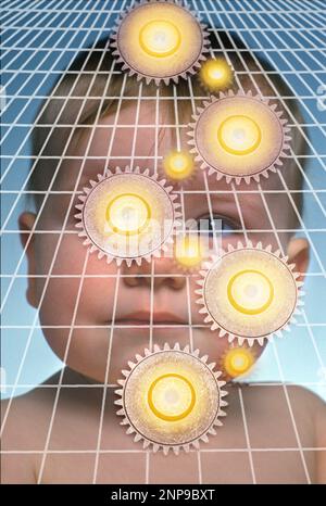 ENGRENAGES COG EMBOÎTÉS SUR LE VISAGE DU BÉBÉ Banque D'Images