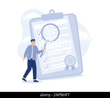 Standard, contrôle de qualité ou approbation certifiée, homme d'affaires tient une loupe avec un document de badge CQ standard.illustration moderne à vecteur plat Illustration de Vecteur