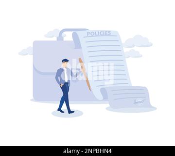 Document de politiques d'entreprise, règles d'entreprise ou concept d'orientation, stylo d'homme d'affaires avec document de politique d'entreprise, illustration moderne de vecteur plat Illustration de Vecteur