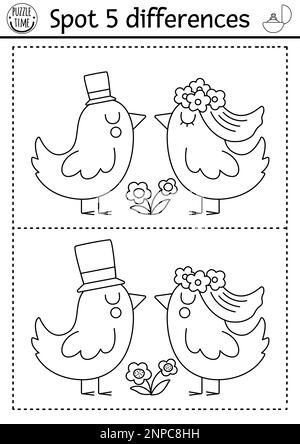 Trouvez le jeu différences pour les enfants. Mariage d'activités éducatives en noir et blanc avec un couple d'oiseaux mariés mignon. Page de coloriage imprimable de mariage pour Illustration de Vecteur