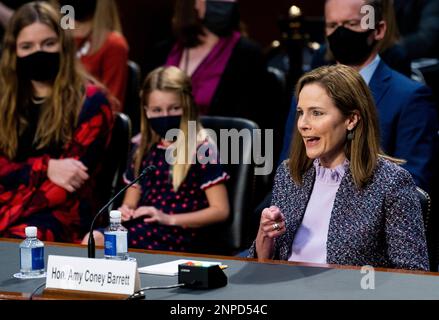 UNITED STATES - OCTOBER 14: Judge Amy Coney Barrett, nominee to be Assocoiate Justice of the Supreme Court, testifies during her confirmation hearing in the Senate Judiciary Committee on Wednesday, Oct. 14, 2020. (Photo By Bill Clark/CQ Roll Call via AP Images)