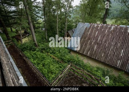 Cottages dans un complexe abandonné au milieu de la forêt. Pologne Banque D'Images