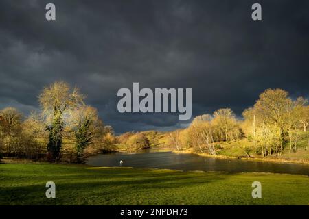 Vue sur le Fish Pond sous un ciel orageux à Harold Staunton dans le Leicestershire. Banque D'Images