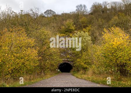 L'entrée du tunnel de Headstone qui sort sur le viaduc de Monsal Head sur le sentier de Monsal. Banque D'Images