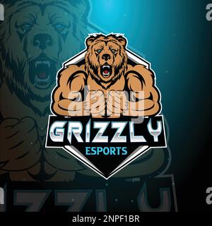 Modèle de conception esports logo Angry grizzly mascotte Illustration de Vecteur