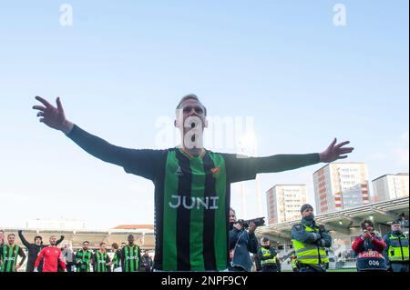 Göteborg, Suède. 26th févr. 2023. Viktor Kruger de GAIS fête après le match de groupe de la coupe suédoise entre GAIS et IFK Goteborg sur 26 février 2023 à Göteborg. Credit: Oskar Olteus / Alamy Live News Banque D'Images