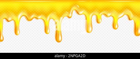 Flux réaliste de miel fondu ou d'huile isolé sur fond transparent. Illustration vectorielle de l'écoulement de la substance liquide sucrée et collante jaune Illustration de Vecteur