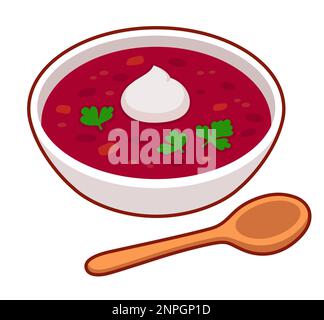 Borscht, soupe traditionnelle ukrainienne et russe de betteraves. Illustration de clip art vectoriel de dessin animé. Illustration de Vecteur