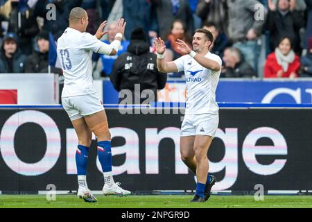 PARIS - Thomas Ramos de France fête une tentative pour le 19-0 lors du match de rugby Guinness des six Nations entre la France et l'Écosse au Stade de France sur 26 février 2023 à Paris, France. AP | hauteur néerlandaise | GERRIT DE COLOGNE Banque D'Images