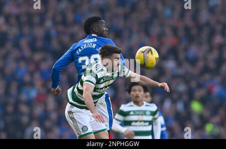 Glasgow, Écosse, le 26th février 2023. Fashion Sakala des Rangers et Greg Taylor du Celtic lors du match de la coupe de la Ligue écossaise à Hampden Park, Glasgow. Le crédit photo devrait se lire: Neil Hanna / Sportimage Banque D'Images