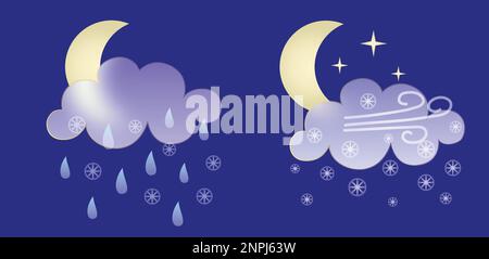 Ensemble d'icônes météo. Symboles de style Glassmorphisme pour l'application de prévisions météo éléments isolés sur fond bleu. Nuit automne hiver saison chante. Lune Illustration de Vecteur