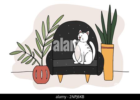 Doodle Cat sur le canapé. Animal de compagnie dessiné à la main dans un intérieur confortable avec des plantes dans un pot. Un animal à rayures blanches pache ses pattes à la maison. Line kitten assis se lave Illustration de Vecteur