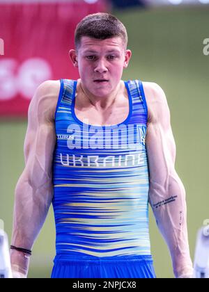 Cottbus, Allemagne. 26th févr. 2023. Gymnastique, coupe du monde, Tournoi International des Champions 46th, finale des bars hommes: Illia Kovtun d'Ukraine en action. Credit: Frank Hammerschmidt/dpa/Alay Live News Banque D'Images