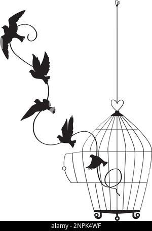 Oiseaux volant de la cage, silhouettes d'oiseaux volants, illustration de la cage, symbole de liberté, autocollants muraux, décoration murale, affiche isolée sur blanc Illustration de Vecteur