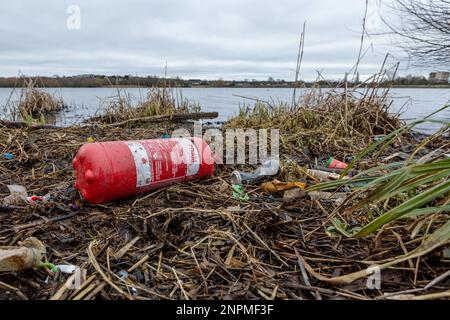 Brent Reservoir (le gallois Harp), Royaume-Uni. 26th février 2023. Plus de 70 bénévoles de la communauté locale ont fait un effort héroïque d'équipe pour s'attaquer à l'énorme masse de pollution des déchets, qui cause des dommages irréparables à la faune et à l'environnement le long du ruisseau de la soie qui mène au réservoir Brant, connu localement sous le nom de Harp gallois. Au moins 4 tonnes de litière essentiellement en plastique, y compris des bouteilles et des canettes de boissons, des ballons de football et du polystyrène, ont été recueillies en seulement deux heures. Photo par Amanda Rose/Alamy Live News Banque D'Images