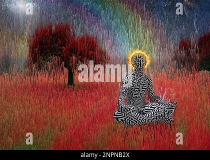 Composition spirituelle. L'homme médite dans lotus poser dans un paysage surréaliste Banque D'Images